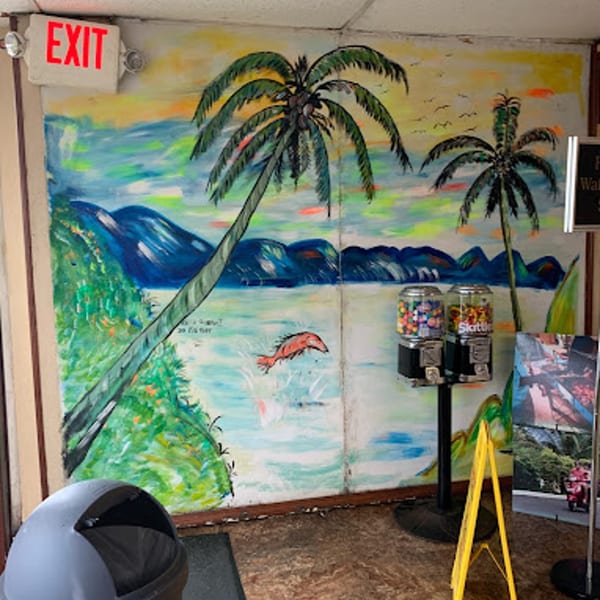 A vibrant Jamaican-themed mural with palm trees, a jumping fish, and a gumball machine.